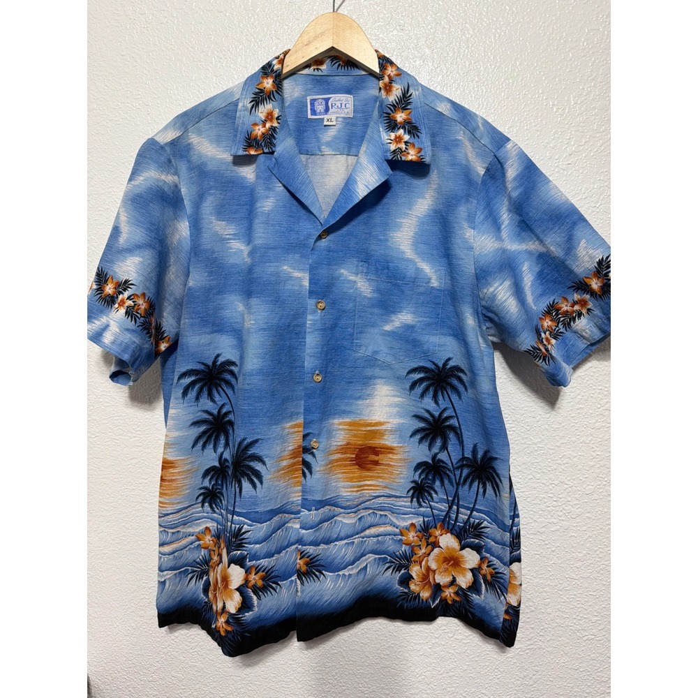 RJC Hawaii Mens XL Blue Tropical Sunset Palm Tree Hibiscus Aloha Camp Shirt